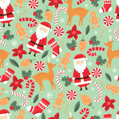 Vector Christmas seamless pattern with Santa, Christmas reindeer, lollipop, gingerbread. Christmas decoration.