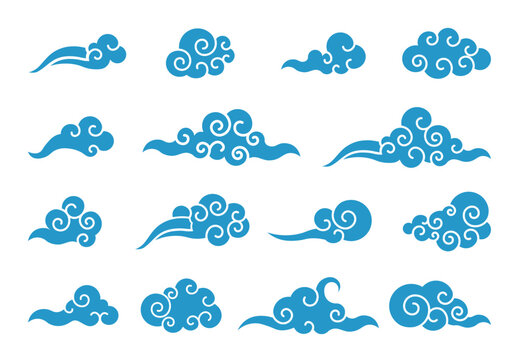 Cloud in Chinese style. Abstract blue cloudy set isolated on white background. Vector illustration