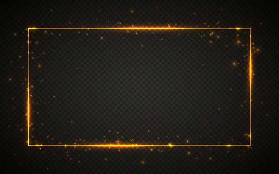 Gold shiny glitter glowing vintage frame with lights effects. Shining rectangle banner on black transparent background. Vector illustration