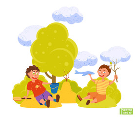 Obraz na płótnie Canvas Cartoon characters children having fun on the playground.