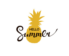 emblem of hello summer lettering with pineapple isolated on white background