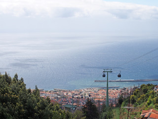 a view looking down on funchal madeira taken from monte with the cable car from the city and a...
