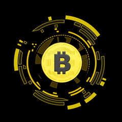 Naklejka premium 3D rendered Bitcoin illustration inside a hud element on a black background