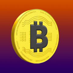 3D rendered Bitcoin illustration on an orange and purple gradient background