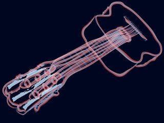 Hand drawn acoustic guitar contour. Guitar made from red neon lines. Vector illustration