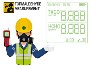 An Industrial worker with respirator is presenting display screen of the gas detector