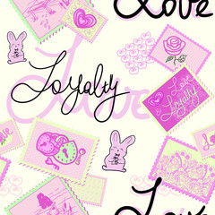 SEAMLESS pattern with inscriptions fishing and loyalty cute and beautiful