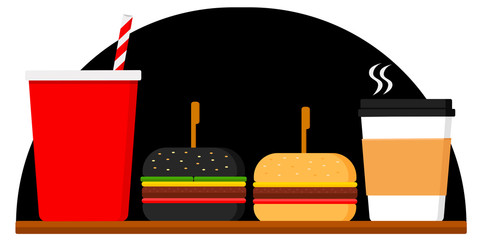 fast food, hamburger, black burger, cheeseburger, soda, coca cola, hot coffee on a black background