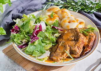 Roasted pork, noodles and salad