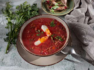 Beet Soup Boiled Egg in Bowl