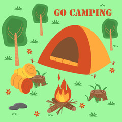 go camping poster with tent and campfire - vector illustration, eps