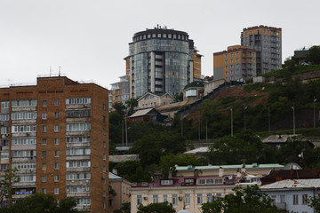 The sea facade of the city of Vladivostok. The capital of the Far East is the city of Vladivostok from the sea. City port.