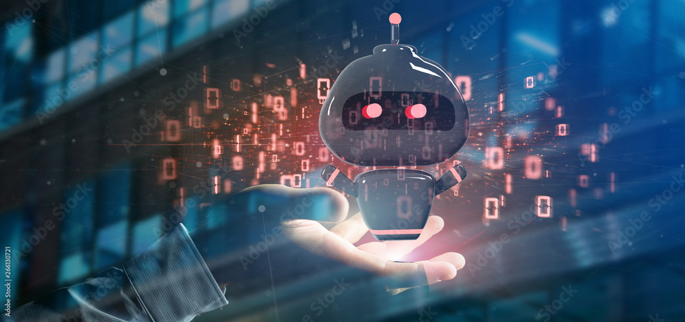 Poster businessman holding virus chatbot with binary code 3d rendering