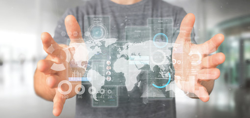 Businessman holding User interface screens with icon, stats and data 3d rendering