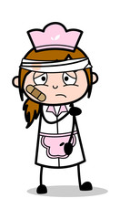 Sad Face with Bandage on Face - Retro Cartoon Waitress Female Chef Vector Illustration