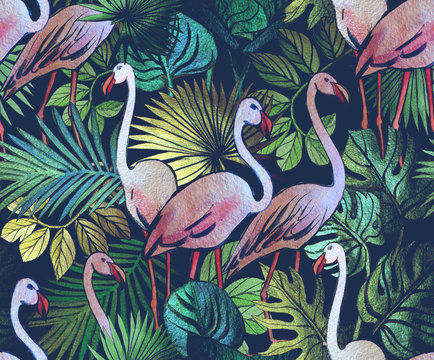 Seamless pattern with tropical leaves and pink flamingos. Tropical background. © Арина Трапезникова