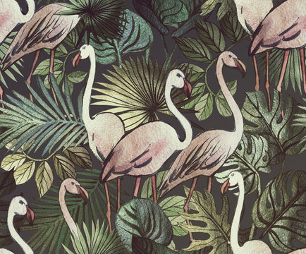 Seamless pattern with tropical leaves and pink flamingos. Tropical background. © Арина Трапезникова