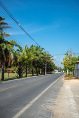 Fototapeta na wymiar Empty rural road with fresh green trees on clear blue sky background
