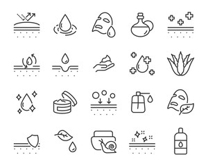 set of skin icons, such as aloevera, oil, nature, sun protect, dry, lotion
