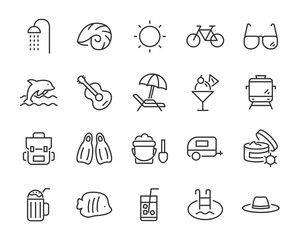 set of summer icons, such as vacation, trip, ice cream, sun, travel