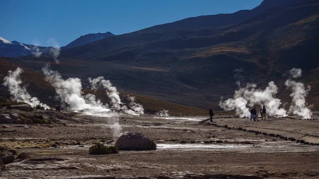 Time-lapse of tourists visiting el Tatio Geysers Field in Atacama Desert, Chile.