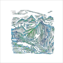 Gradient illustration of mountains and far, floating in the mist of mountains and lakes, made by shading.