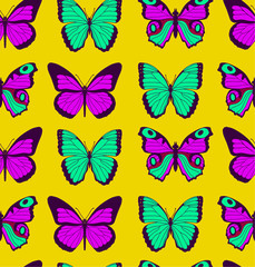 Obraz na płótnie Canvas Colorful flat cartoon vector seamless pattern with different butterflies on yellow background