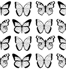 Black and white flat cartoon vector seamless pattern with different butterflies