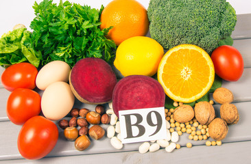 Healthy products and ingredients as source vitamin B9 (acidum folicum), natural minerals, concept of nutritious eating.