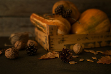 Autumn pumpkins and leaves on old wooden background. Peaceful fall leaf, cones. Still life on rustic wooden board table background with room or space for copy text. Warm, dark vintage tone.