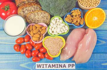 Nutritious ingredients and products containing vitamin B3 (PP, niacin) and other natural minerals, concept of healthy lifestyle and nutrition.