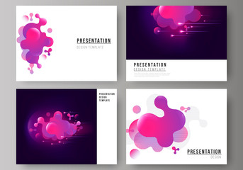 The minimalistic abstract vector illustration of the editable layout of the presentation slides design business templates. Black background with fluid gradient, liquid pink colored geometric element.