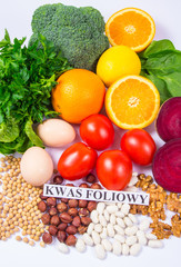 Healthy products and ingredients as source vitamin B9 (acidum folicum), natural minerals, concept of nutritious eating.