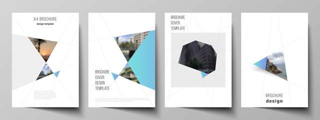 The vector layout of A4 format modern cover mockups design templates for brochure, magazine, flyer, booklet, report. Creative modern background with blue triangles and triangular shapes. Simple design - obrazy, fototapety, plakaty