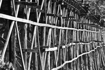 Close-up view, large wooden bridge Long and large at Sangkhla Buri District, Kanchanaburi Province, Thailand