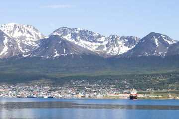 Ushuaia cityscape from Beagle channel, Argentina landscape