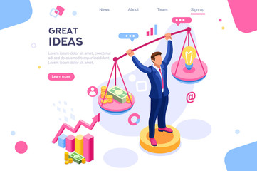 Money idea compare layout. Hold conceptual bulb on gold balance concept, can use for web banner, infographics, hero images. Flat isometric vector illustrations isolated on white background