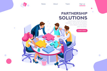 Project pieces, communication, collaboration, partnership solution. Together images, teamwork concept. Can use for web banner, infographics, hero images. Flat isometric vector illustration. - 266137165