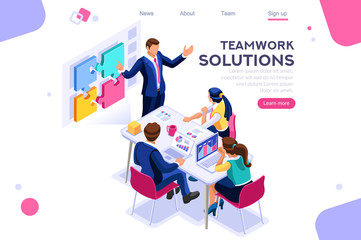 Teamwork images, together solutions, partnership collaboration and communication. Pieces of project concept. Can use for web banner, infographics, hero images. Flat isometric vector illustration. - 266137166