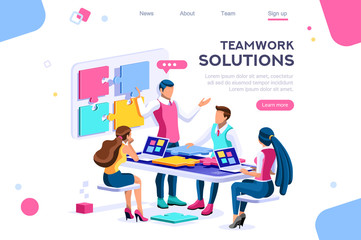 Teamwork images, together solutions, partnership collaboration and communication. Pieces of project concept. Can use for web banner, infographics, hero images. Flat isometric vector illustration.