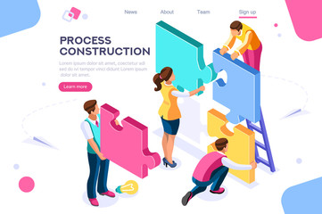 Fototapeta na wymiar Corporate, joint company. People push support, process construction concept. Flat color icons, creative illustrations, isometric infographic images, web banner