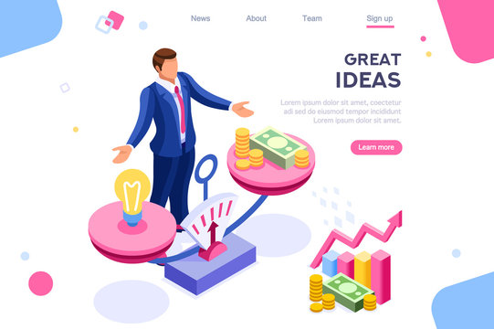 Money idea compare layout. Hold conceptual bulb on gold balance concept, can use for web banner, infographics, hero images. Flat isometric vector illustrations isolated on white background