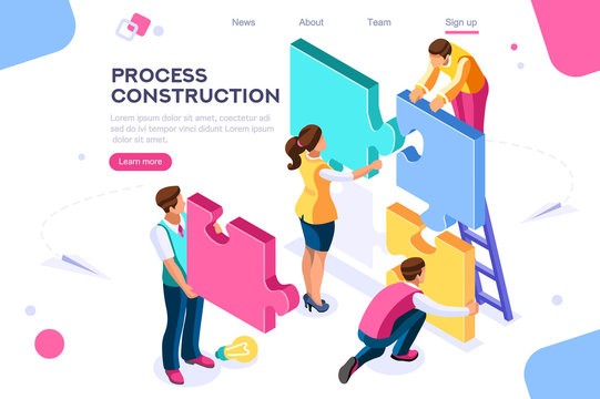 Corporate, joint company. People push support, process construction concept. Flat color icons, creative illustrations, isometric infographic images, web banner