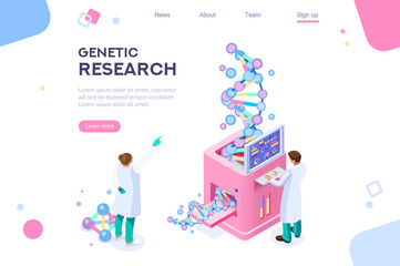 Genetic banner promotion. Research, genome concept for infographics, hero images. Flat isometric vector illustration. Web banner between white background, between empty space