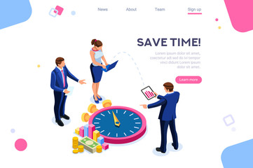 Consulting, money control. Economy time. Flat color icons, creative illustrations, isometric infographic images, web banner - Vector