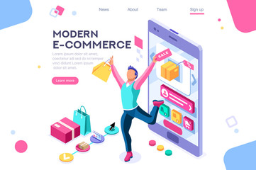 Concept, buyer graphic, consumerism design. Buyer, e-commerce interface, items. Layout used for consumerism online. Interacting people. 3d isometric vector illustration.