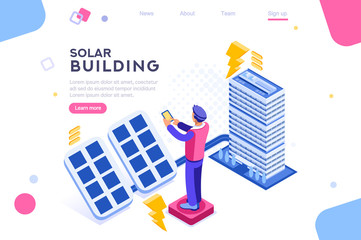 Digital solar building. Panels, electric economy, house device. Concept for infographics, hero images. Flat isometric vector illustration. Web banner between white background, between empty space