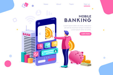 Bank holding coin on smartphone. Money banner, banknote depositing concept for infographics, hero images. Flat isometric vector illustration. Web banner between white background, between empty space
