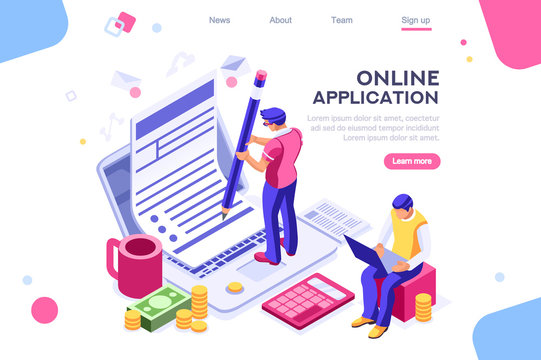 Work bills, coin site, money on blank webpage. Form, landing page concept for infographics, hero images. Flat isometric vector illustration. Web banner between white background, between empty space