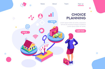 Choice, life responsibility, job choosing, professional decision balance. Banner between white background, between empty space. 3d images isometric vector illustrations. Interacting people